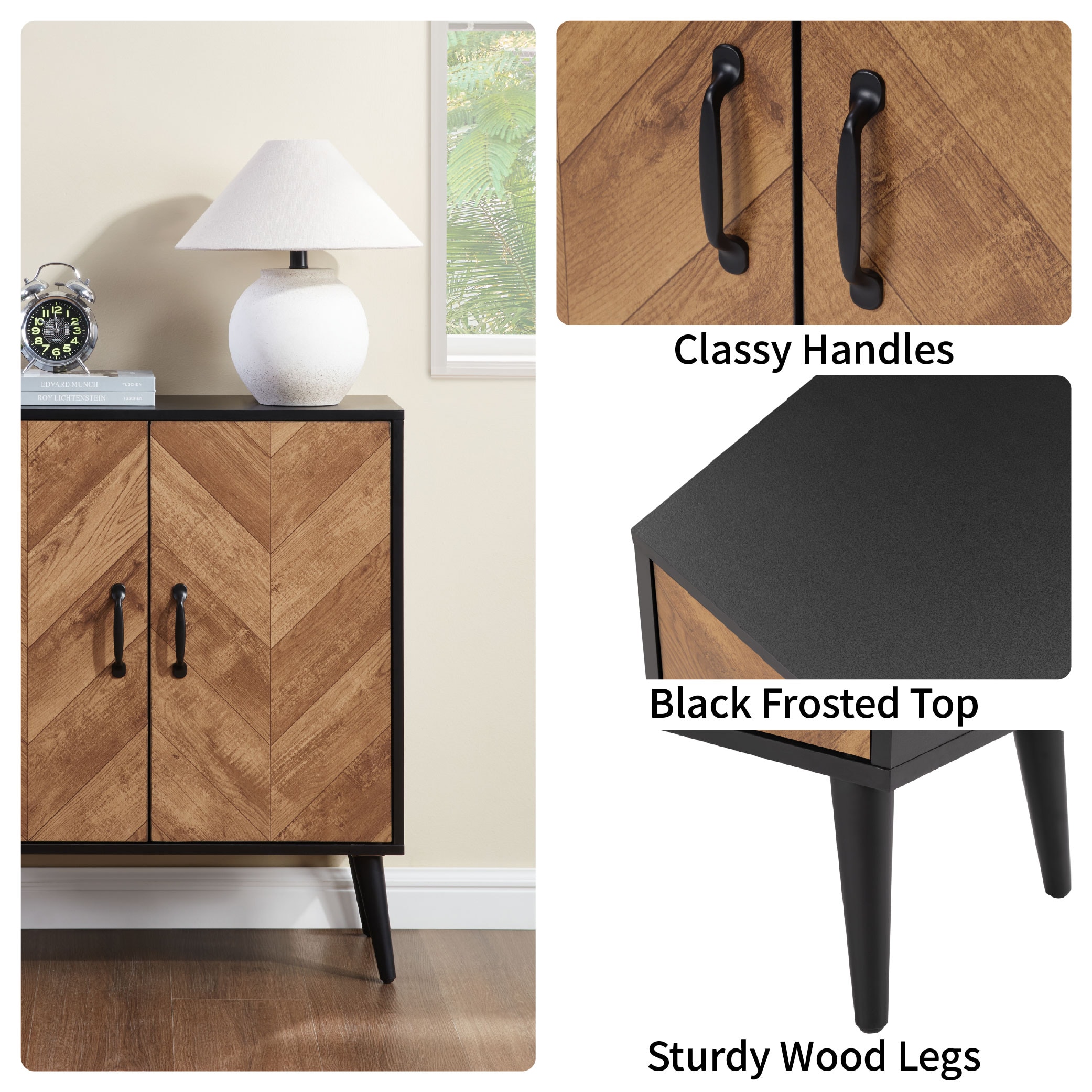 Accent Cabinet With Adjustable Shelf, Kitchen Storage Cabinet With Herringbone Design, Black Sideboard For Living Room, Kitchen, Entryway_voghion.com